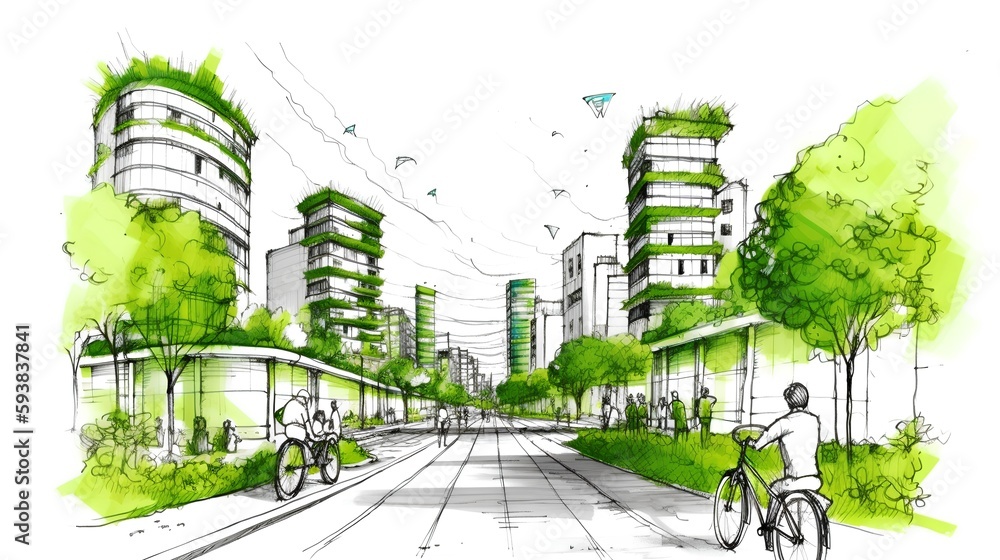 Sustainable urban design featuring eco-friendly elements. Generative AI